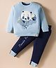 Little Darlings Fleece Knit Full Sleeves Winter Wear T-Shirt & Lounge Pant Set with Panda Embroidery - Light Blue