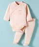 I Bears Interlock Knit Full Sleeves Onesies With Leggings & Animal Print - Peach