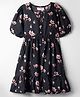 Kookie Kids Woven Half Puffed Sleeves Front Open Fit & Flare Dress with Floral Print - Black
