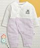 BUMZEE Cotton Knit Full Sleeves Front Open Romper with Teddy Bear Embroidery - Lavender & White
