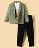 Dapper Dudes Full Sleeves Textured Blazer With Teddy Bear Puff Printed Tee & Pant Set - Green
