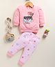 Annie Kids Cotton Knit Full Sleeves Teddy Bear Printed Light Winter Sweatshirt & Pant Set - Baby Pink