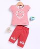 Annie Kids Cotton Knit Half Puffed Sleeves Striped & Floral Printed Top & Capri Set - Red