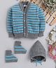 Little Angels Woollen Woven Full Sleeves Striped Cardigan With Cap & Socks -  Grey & Blue