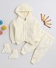 Little Angels Woollen Woven Full Sleeves Self Designed Hooded Sweater Set With Socks - Cream