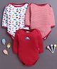 BUMZEE Cotton Knit Pack Of 3 Full Sleeves Striped & Dinosaurs Printed Onesies - Red & White