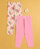 BUMZEE Cotton Knit Pack Of 2 Solid & Floral Printed Leggings - Pink & Peach