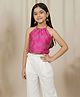 Taffykids Silk Woven Halter Neck Abstract Printed Crop Top - Hot Pink