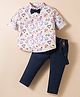 ToffyHouse Cotton Woven Full Sleeves Printed Shirt & Pant Set With Suspender & Bow - Navy Blue
