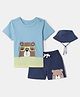 Nautinati Cotton Knit Half Sleeves Bear Printed Tee & Shorts Set With Bucket Hat Set -Blue