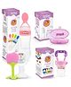 Toddley Silicone Food & Fruit Nibbler Pacifier 1 Pcs with 1 pcs Spoon Feeder and 1pcs Fruit Teether, 1pcs Finger Brush for Infant Baby for 6+ Month Baby (4 Piece Combo Set) (Pink)