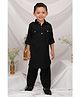 LITTLE COLLARS Woven Full Sleeves Textured Pathani Kurta & Patiala Set - Black