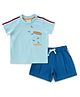 JusCubs Cotton Knit Half Sleeves Flies Embroidered Tee & Shorts Set - Blue