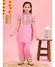 MASTARANG Rayon Woven Half Sleeves Lace Detailed Kurti & Pant With Dupatta Set - Pink