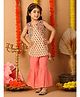 Kinder Kids Cotton Woven Sleeveless Floral Printed Kurti With Attached Jacket And Sharara Set - Peach