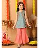 Kinder Kids Cotton Woven Sleeveless Floral Printed Kurti With Attached Jacket And Sharara Set - Blue