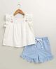 Sweetlime by A.S Organic Cotton Woven Frill Sleeves Floral Embroidered Top & Shorts Set - White & Blue