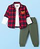 Little Kangaroos Fleece Knit Full Sleeves Inner T-Shirt with Checked Shirt & Lounge Pant Set - Red