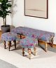Ikiriya Cairo Sheesham Wood Mid Century 3 1 1 Seater Bench / Settees / Recamiers with 2 Stools in Grey Brid Print Kantha
