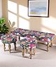 Ikiriya Cairo Sheesham Wood Mid Century 3 1 1 Seater Bench / Settees / Recamiers with 2 Stools in Fruit Print Blue Kantha