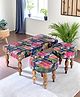 Ikiriya Bestone Sheesham Wood Mid Century 2 1 1 Seater Bench / Settees / Recamiers with 2 Stools in Fruit Print Blue Kantha