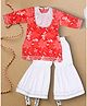 Bella Moda Cotton Woven Three Fourth Sleeves Floral Printed Gota Lace Embellished Kurti & Sharara Set - Red