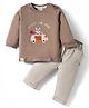 Ollypop Interlock Knit Full Sleeves T-Shirt & Lounge Pant Set With Racoon Patch & Embroidery - Tan & Beige