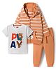 Babyhug Terry Knit Full Sleeves Striped Hooded T-Shirt & Lounge Pant Set with Inner T-Shirt - Brown