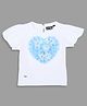 Actuel Cotton Knit Half Sleeves Floral & Heart Applique Detailed Stone Embellished Top - White & Blue