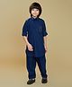 Ministitch Cotton Silk Woven Full Sleeves Foil Printed Pathani Kurta And Pant Set - Ink Blue