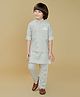 Ministitch Cotton Woven Full Sleeves Kurta Pant With Striped Jacket Set - Off White
