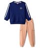 Babyhug Terry Knit Full Sleeves T-Shirt & Lounge Pant Set With Teddy Bear Badge - Navy Blue & Brown