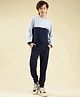 Lil Tomatoes Cotton Looper Knit Full Sleeves Colour Blocked Light Winter Sweatshirt & Side Taped Joggers Set - Navy Blue