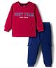 Babyhug Single Jersey Knit Full Sleeves Text Printed T-Shirt & Lounge Pant with Kangaroo Pockets - Red & Blue