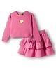 Tiara Waffle Knit Full Sleeves Heart Patch Detailed Winter Sweatshirt With Layered Skirt Set - Pink