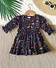 Bella Moda Cotton Woven Half Puffed Sleeves Floral & Unicorn Printed Peter Pan Collar Dress - Navy Blue