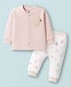 I Bears Fleece Knit Full Sleeves Front Open T-Shirt & Lounge Pant Set with Teddy Patch & Print - Peach