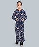 Plum Tree 100% Cotton Knit Full Sleeves Jungle Theme Printed Light Winter Hooded Sweatjacket & Coordinating Flared Pants Set - Navy Blue
