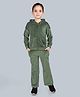 Plum Tree Velour Knit Full Sleeves Solid Light Winter Hooded Sweatjacket & Flared Pants Set - Military Green