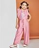 Peppermint Woven Frill Sleeves Floral Embroidered Jumpsuit With Belt - Pink