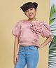 Peppermint Woven Half Balloon Sleeves Floral Applique Detailed Crop Top - Peach