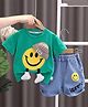 POP STREET KIDS Cotton Knit Half Sleeves Smiley Face  Printed Tee With Shorts Set - Green