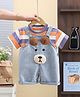 POP STREET KIDS Cotton Knit Teddy Bear Applique Detailed Dungaree With Half Sleeves Rugby Striped Tee - Orange