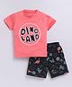 Parrot Crow Cotton Knit Half Sleeves Dinosaur Text Printed Tee & Shorts Set - Tomato Red & Black