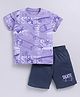 Parrot Crow Cotton Knit Half Sleeves Skateboard Printed Tee & Shorts Set - Purple & Navy Blue