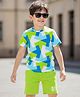 OLLINGTON ST. Cotton Knit Half Sleeves Printed T-Shirt & Knit Shorts Set - Multicolor & Lime
