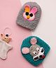 MayRa Knits Hand Knitted Woven Pack Of 2 Baby Animals Face Designed Crochet Caps - Grey & Green - Circumference 25 Cm