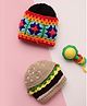 MayRa Knits Hand Knitted Woven Pack Of 2 Burger & Abstract Designed & Solid Crochet Caps With Detachable Headband - Black & Beige - Circumference 25 Cm