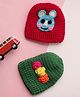 MayRa Knits Hand Knitted Woven Pack Of 2 Baby Animal Face & Floral Designed Crochet Caps - Red & Green - Circumference 25 Cm