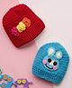 MayRa Knits Hand Knitted Woven Pack Of 2 Baby Animal Face & Floral Designed Crochet Caps - Red & Blue - Circumference 25 Cm